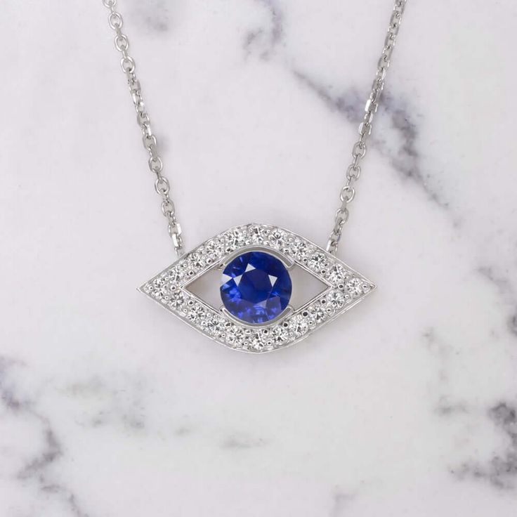 EVIL EYE SAPPHIRE DIAMOND PENDANT 14k NECKLACE TALISMAN CHARM BLUE MARQUISE Sapphire Diamond Pendant, Saturated Blue, Antique Engagement Rings Vintage, Diamond Evil Eye, White Gold Chains, Luck Charm, Sapphire Color, Eye Pendant, Evil Eye Pendant