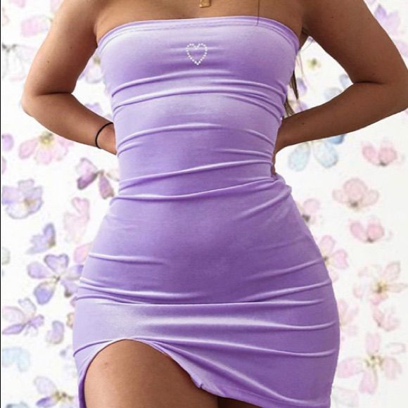 Purple Mini Dress With Diamond Heart Embroidery Purple Strapless Mini Bodycon Dress Diamond Heart Purple Fitted Strapless Dress For Spring, Purple Strapless Dress With Sweetheart Neckline, Strapless Purple Spring Dress, Purple Fitted Strapless Dress, Strapless Fitted Purple Bodycon Dress, Purple Strapless Mini Dress For Spring, Spring Purple Strapless Mini Dress, Spring Purple Mini Strapless Dress, Purple Strapless Mini Dress For Summer