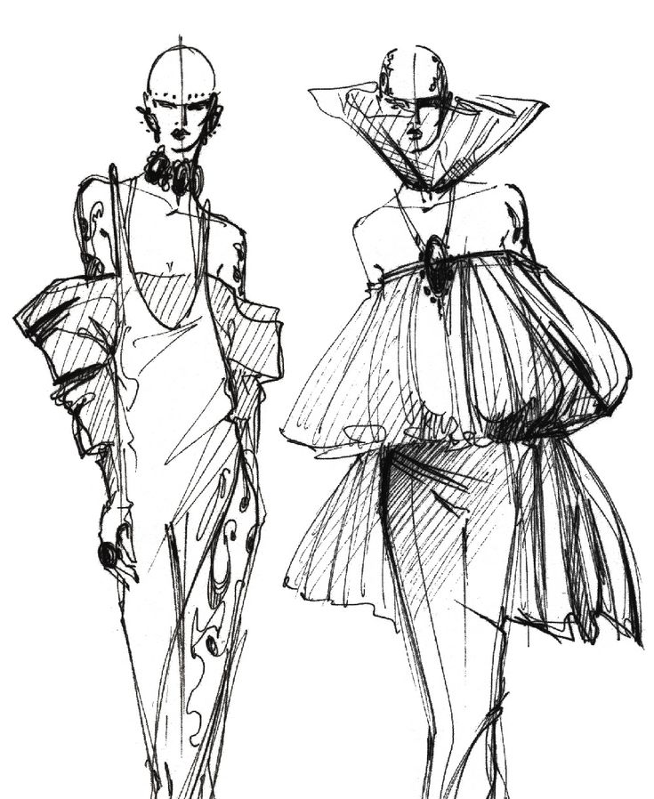 two women in dresses and hats are walking down the runway, sketched on paper