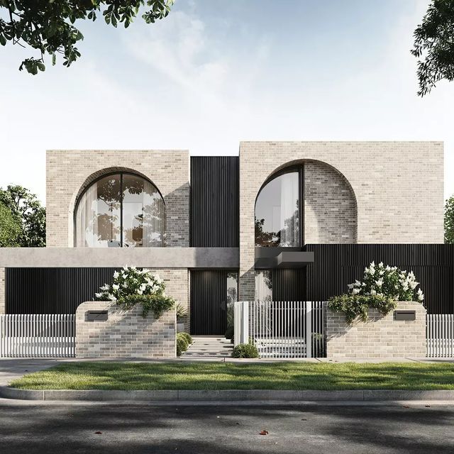 an architectural rendering of a modern house with arched windows and brick exterior, on a street corner