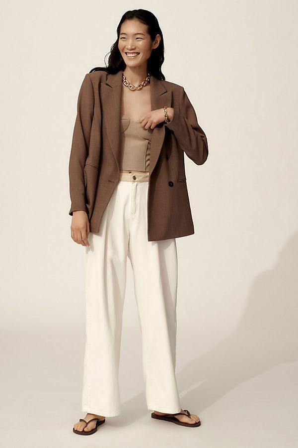 From business to casual, these styles are tailored to perfection . Get ready to suit up and let your wardrobe seam lessly transition from boardroom to brunch! | Oversized Blazer Jacket by Maeve in Brown, Women's, Size: Smallmall, Polyester/Viscose/Elastane at Anthropologie Oversized Camel Blazer Outfit, Fashion Color Palette, Camel Blazer Outfit, Oversize Blazer Outfit, Brown Blazer Outfit, White Pants Outfit, Going Blonde, Blazer Outfits For Women, Color Trends Fashion