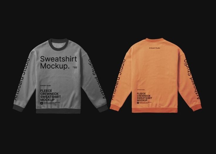 two sweatshirts with the words sweatshirt mockup printed on them in black and orange