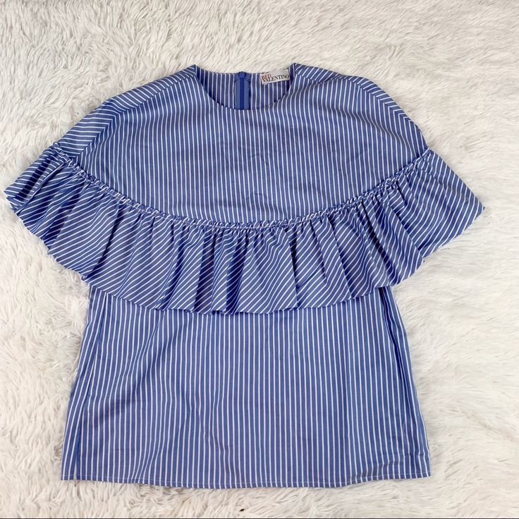 100% Cotton Back Zipper Closure Designer Size 38 Fits Like Us 2 , Please Check Measurements Blue Tops With Ruffle Hem And Flutter Sleeve, Blue Flutter Sleeve Tops With Ruffle Hem, Striped Ruffle Blouse For Summer, Striped Ruffled Blouse For Summer, Blue Top With Ruffle Hem And Sleeves, Blue Tops With Ruffle Hem And Ruffle Sleeves, Chic Blue Ruffled Tops, Striped Short Sleeve Blouse With Ruffles, Blue Short Sleeve Top With Ruffle Hem