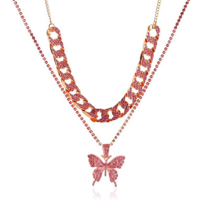 Big Butterfly Exaggerated Full Diamond Thick Chain Double Layer Necklace Color: Gold & Pink Style: Tennis Chain Big Butterfly, Thick Chain Necklace, Double Layer Necklace, Eyelash Packaging, Gold Powder, Party Necklace, Butterfly Pendant Necklace, Gold Necklace Layered, Butterfly Shape