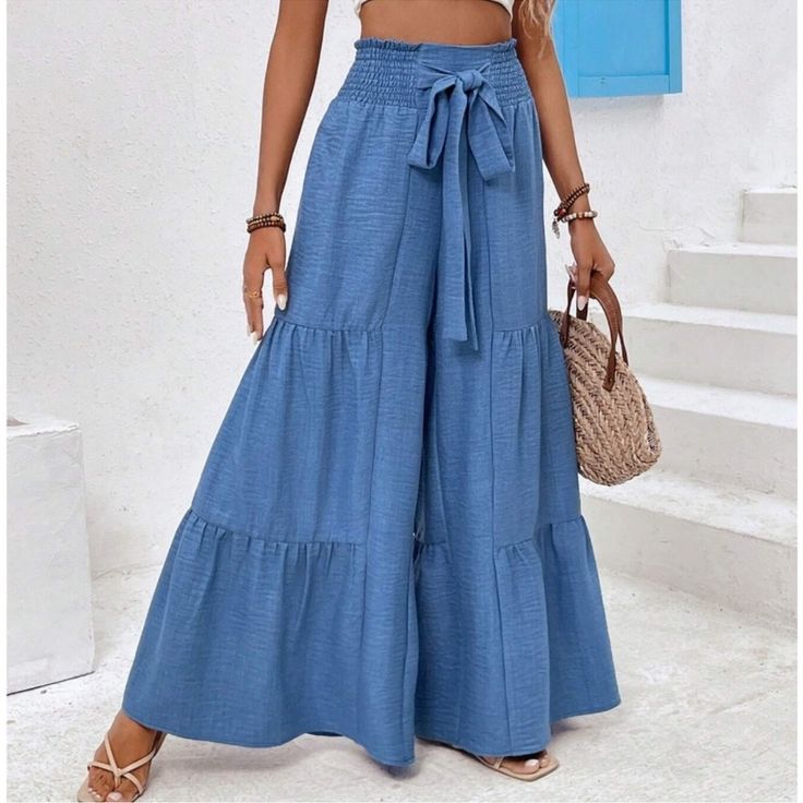 Boho Blue Wide Leg High Waisted Tie Front Pants S M L Xl, 100% Polyester, Ships In 7-8 Days Tie Front Pants, Business Casual Minimalist, Exaggerated Collar, Preppy Business, Long Bow, Bride Lingerie, Peplum Shirt, Preppy Prom, Lemon Chiffon