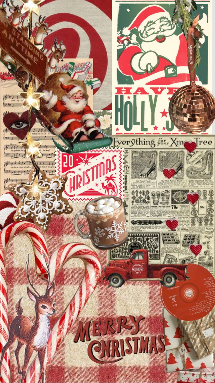 christmas collage with santa claus, candy canes and other holiday related items on it