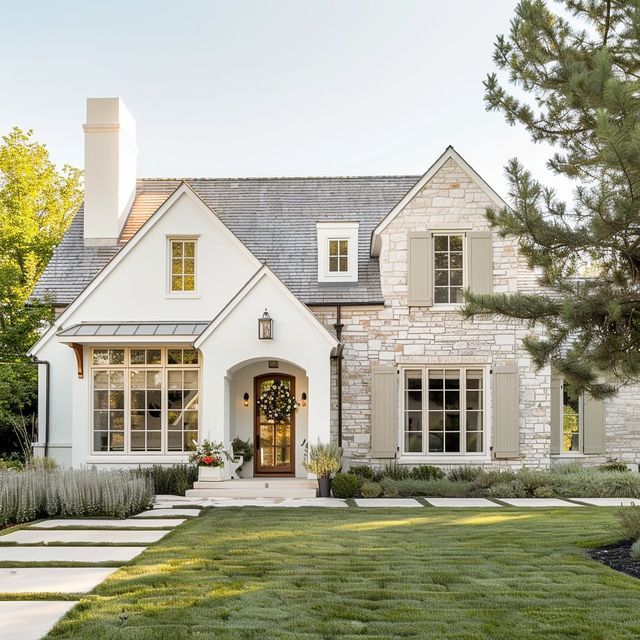 a large white house with lots of windows and grass in front of the entrance to it