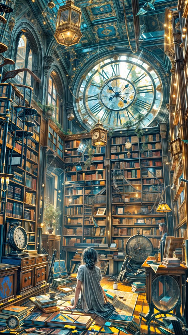 a person sitting on the floor in front of a book shelf filled with books and clocks