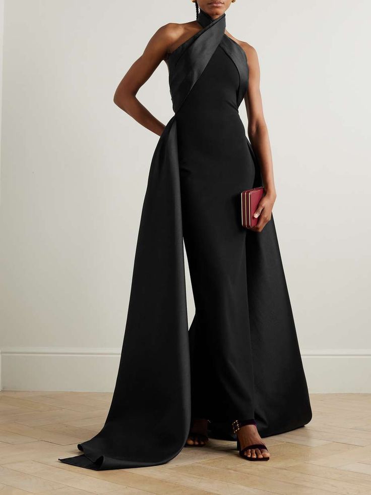 SOLACE LONDON Rumi satin-twill and crepe halterneck gown | NET-A-PORTER Black Tie Evening Gowns, White Tie Wedding Guest Dress, Formal Wedding Guest Dress Black, Maid Of Honor Dress Different, Black Evening Gown Elegant, Fancy Wedding Guest Dress, Black Tie Dress Code Women, Black Luxury Dress, Formal Dresses Wedding Guest