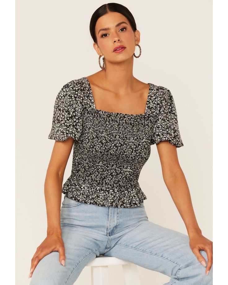 Beyond The Radar Women's Ditsy Floral Print Smocked Shirt, Black Relaxed Fit Blouse With Smocked Bodice And Short Sleeves, Casual Tops With Smocked Cuffs And Relaxed Fit, Fitted Ditsy Floral Print Tops For Spring, Fitted Casual Smocked Top With Smocked Cuffs, Casual Smocked Top With Relaxed Fit, Smocked Top With Smocked Cuffs For Day Out, Fitted Short Sleeve Blouse With Smocked Cuffs, Relaxed Fit Smock Top With Short Sleeves, Chic Smocked Short Sleeve Top For Fall