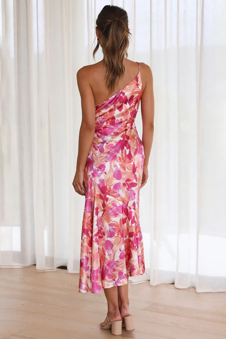 DESIGN FEATURES  Silhouette: Regular  Neckline: Sloping  Length: Midi Dress  Fabric: Polyester  Embellishment: Floral Print  Straps: One Shoulder  Sleeve: Sleeveless      Product Size Chart     Bust     Length        Label Size     US Size     IN     IN        S     4     34.65     45.67        M     6     36.22     46.06        L     8 -10     38.58     46.46        XL     12     40.94     46.85               Product Size Chart     Bust     Length        Label Size     US Size     CM     CM Beach Maxi Dress With Asymmetrical Neckline And Fitted Style, One Shoulder Feminine Maxi Dress For Summer, Fitted One-shoulder Pink Dress For Summer, Fitted One Shoulder Pink Dress For Summer, Beach Dress With Asymmetrical Neckline, Summer One Shoulder Fitted Midi Dress, Fitted Maxi Dress With Asymmetrical Neckline For Vacation, Feminine One-shoulder Dress For Summer Brunch, One-shoulder Floral Midi Dress For Beach