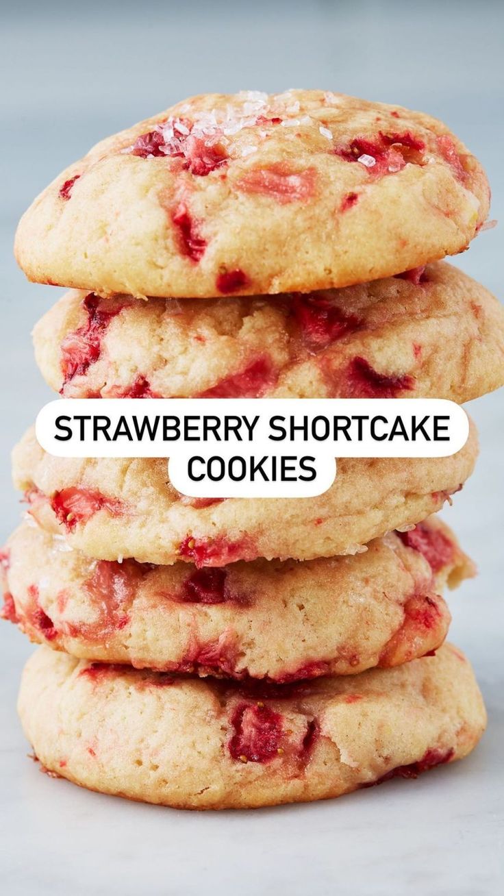 strawberry shortcake cookies stacked on top of each other with the words, strawberry shortcake cookies