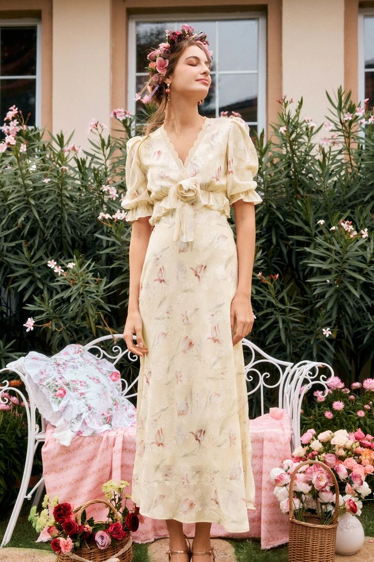 Archie Chiffon High Waist Maxi Dress in Yellow Archie Dress, High Tea Outfit, Feminine Aesthetic Outfits, High Waist Maxi Dress, Day Dreaming, Embroidered Chiffon, Maxi Slip Dress, Dress Crafts, White Floral Dress