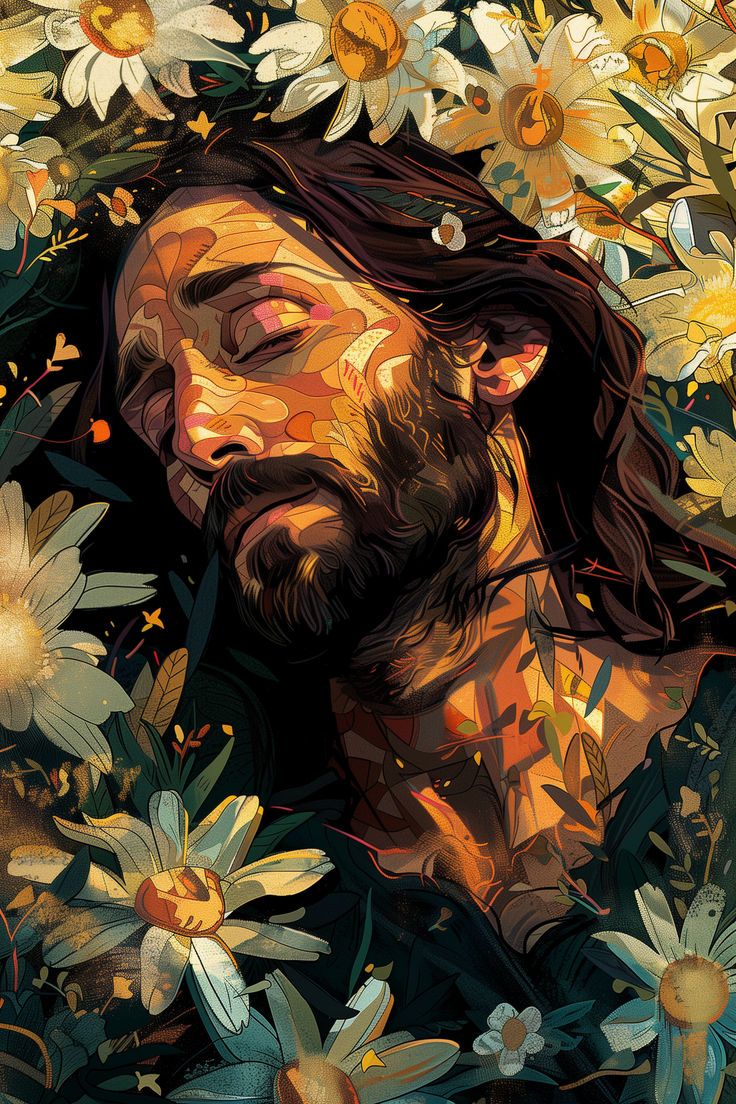 a painting of jesus surrounded by flowers and daisies, with his eyes closed to the sky