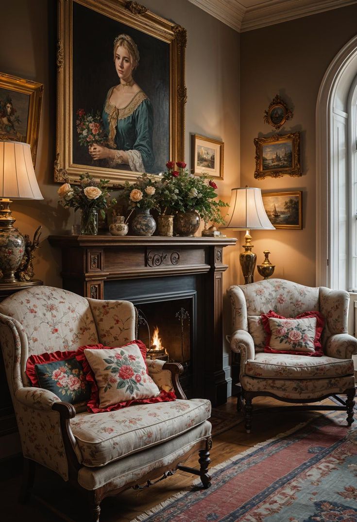 a living room filled with furniture and a painting on the wall above a fire place