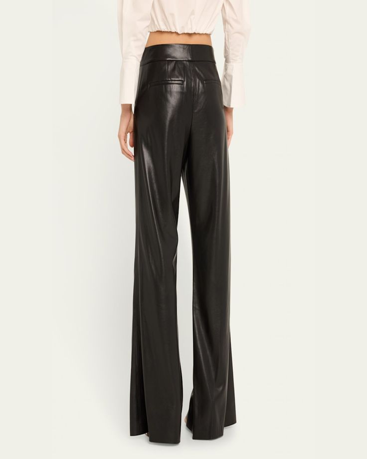 Alice + Olivia "Dylan" pants in fauxleather (polyurethane/polyester)    Approx. 32.25" inseam; 11" rise    High rise    Pintucked front    Back welt pockets    Wide legs    Full length    Hook/zip fly    Lining: Polyester    Dry clean    Imported Sleek Straight Leg Leather Pants For Formal Occasions, Sleek Formal Straight Leg Leather Pants, Sleek Leather Straight Pants With Belt Loops, Sleek Straight Leather Pants With Belt Loops, Chic High-waist Leather Pants For Formal Occasions, Chic High Waist Leather Pants For Formal Occasions, Chic Full-length Faux Leather Pants, Leather Trousers For Office, High Waist Leather Pants For Work