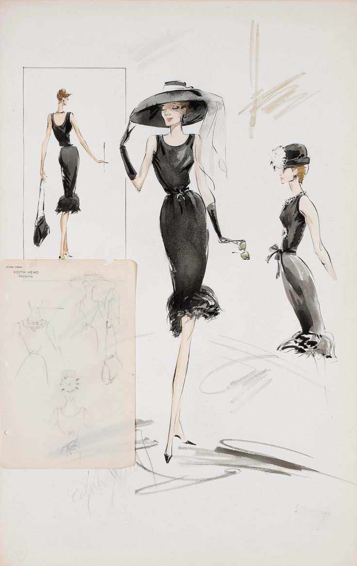 a drawing of a woman in a black dress and hat walking down the street with another woman