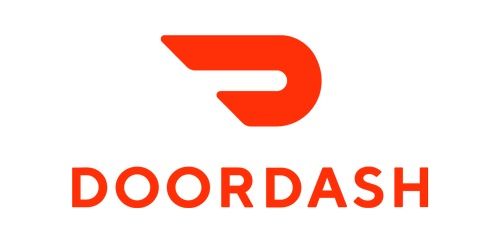 the doordash logo is shown in red on a white background with an orange letter