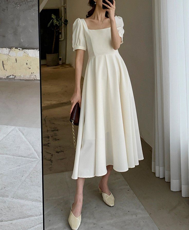 Square Neck Short Sleeve High Waist Flare Dress Vivian Seven Mid Length Dresses Classy Formal, White Graduation Dress Midi, Minimalist Fashion Women Summer, Classy Korean Outfits, White Midi Dress Classy, Foto Prewed, Midi Dress Short Sleeve, Summer Dress Black, White Frock