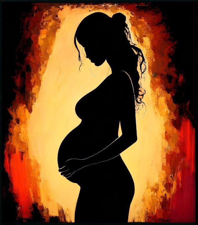 a painting of a pregnant woman in front of an orange and yellow background with the sun behind her