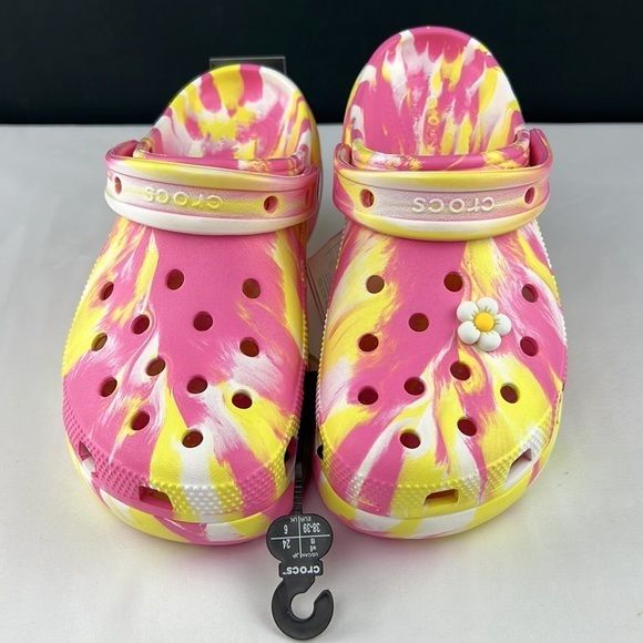 This Is A Brand New Pair Of Platform Women’s Crocs. This Pair Has A White Daisy Jibbit Included. Trendy White Clogs For Spring, Pink Round Toe Clogs For Spring, Yellow Non-slip Beach Clogs, Multicolor Clogs For Beach In Spring, Yellow Non-slip Casual Clogs, Multicolor Beach Clogs For Spring, Multicolor Slip-on Clogs For Spring, Yellow Slip-on Casual Clogs, Yellow Casual Non-slip Clogs