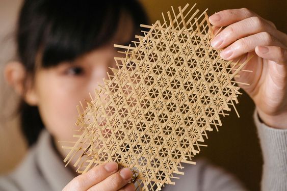 a woman holding up a piece of wood that is shaped like an intricate structure with holes in it