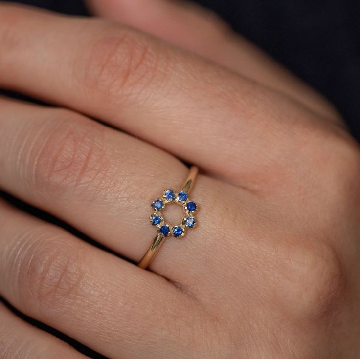 Dainty Blue Sapphire Ring 14K Gold Circle Stacking Solid Gold Ring for Women GR00415-001 - Etsy Greece Sapphire Birthstone Ring In 14k Gold, Dainty 14k Gold Sapphire Ring, Blue Birthstone Cluster Ring In 14k Gold, Blue 14k Gold Cluster Ring With Birthstone, Delicate Round Sapphire Birthstone Ring, Blue 14k Gold Cluster Ring, 14k Gold Sapphire Halo Ring With Round Band, Delicate Sapphire Birthstone Ring, Dainty Yellow Gold Sapphire Stackable Rings