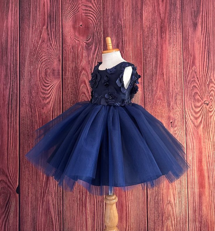 Navy Blue 3D Floral V-back Knee Length 4 Layer Tulle Wedding Flower Girl Summer Pageant Birthday Pageant Toddler Trendy Bridesmaids Dress - Etsy Floral Applique Tutu Dress For Bridesmaid, Fitted Blue Princess Dress With Floral Applique, Blue Pageant Dress For Spring Wedding, Bridesmaid Princess Dress With Floral Applique In Tulle, Blue Princess Dress With Floral Applique, Spring Wedding Blue Pageant Dress, Blue Tulle Dress With Floral Applique, Trendy Bridesmaids, Wedding Clothes