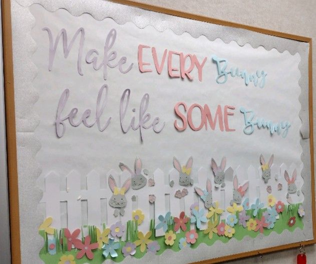 Easter Bunny uplifting bulletin board Bunny Classroom Decorations, Rabbit Classroom Theme, Bunny Classroom Theme, Bunny Classroom Door, Spring Bulletin Boards Preschool, Prek Easter, Easter Classroom Decorations, Bunny Door Decoration, Easter Boards