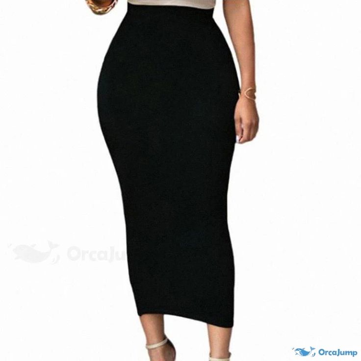 Orcajump - High-Waisted Figure-Flattering Party Midi Pencil Skirt Black Non-stretch Party Skirt, High Waist Pencil Skirt For Party, Non-stretch High Waist Party Skirt, High Waist Stretch Pencil Skirt For Party, Stretch High Waist Pencil Skirt For Party, Non-stretch Maxi Skirt For Party, Non-stretch Pencil Skirt For Party, Casual High-waist Party Skirt, Stretch Solid Color Maxi Skirt For Party