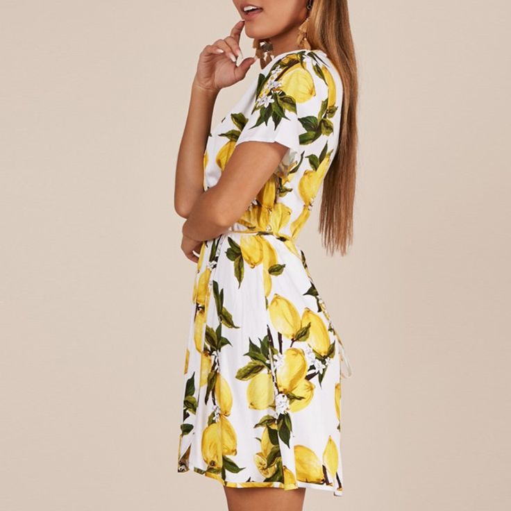 FREE SHIPPING Deep V-Neck Women Lemon Print Dress 1207 Summer V-neck Mini Dress With Tie Waist, Knee-length Tie Waist Mini Dress For Vacation, Summer Mini Dress With Tie Waist, Knee-length Mini Dress With Tie Waist For Brunch, Casual Mini Length Wrap Dress For Vacation, Vacation Knee-length Dress With Tie Waist, Fitted Summer Mini Dress With Tie Waist, V-neck Lemon Print Summer Dress, Fitted Mini Dress With Lemon Print