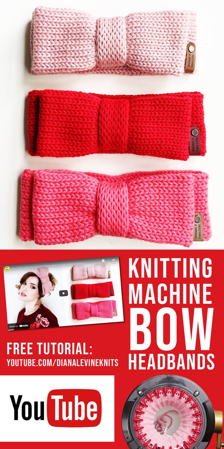 Free YouTube tutorial for how to knit bow headbands on a circular knitting machine Knitted Machine Patterns, Machine Knit Headband Pattern, Addi Knitting Machine Headband Pattern, Addi Knitting Machine Cup Cozy, Addi Headband Pattern, Addi Express Headband, Circular Knitting Machine Headband, 32 Pin Knitting Machine, Things To Make On A Sentro Knitting Machine