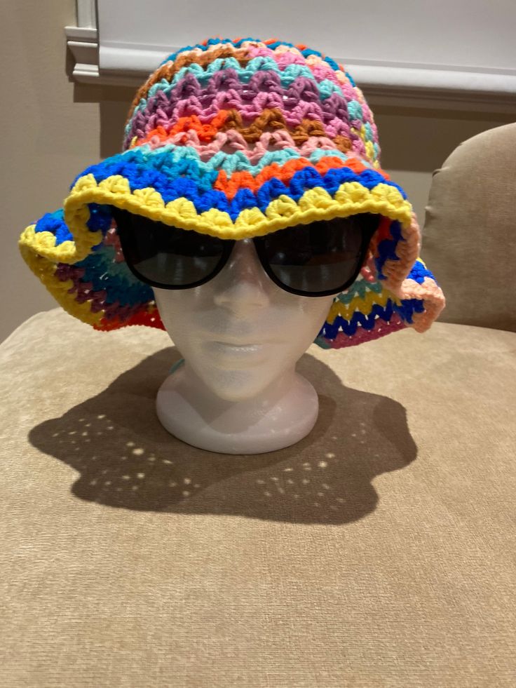 "Hand crocheted hand made cotton bucket hat with floppy wide brim  Size: M-L Crown: 7.5\" Height:9\" Width: 12\" Head circumference : 22\"-24\" Wear this hat to the beach or wear shopping, go for walks." Cotton Crochet Hat For Vacation, Vacation Crochet Hat With Curved Brim, Summer Cotton Crochet Hat, Brimmed Crochet Hat In Cotton Yarn, Playful Handmade Sun Hat For Summer, Vacation Cotton Crochet Hat With Short Brim, Multicolor Crochet Hat With Curved Brim For Beach, Wide Brim Cotton Crochet Hat For Vacation, Multicolor Crochet Hat With Curved Brim For Vacation