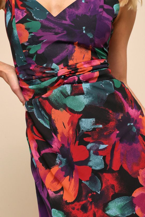 Admiring attention will always come your way in the Lulus Beautiful Entrance Multi Floral Twist-Front Midi Dress! Lightweight woven fabric, with a dramatic orange, purple, teal, and black floral print throughout, shapes adjustable spaghetti straps that support a bodice with a twisted detail at the front. Fitted waist tops an A-line skirt that finishes at a mid hem. Hidden zipper/clasp at back. Fit: This garment fits true to size. Length: Mid-calf length. Size medium measures 50" from adjustable Vibrant Fitted Multicolor Dress, Vibrant Multicolor Fitted Dress, Purple Lined Midi Length Dresses, Fitted Multicolor Ruched Maxi Dress, Multicolor Ruched Midi Dress For Evening, Purple Maxi Dress With Vibrant Print, Fitted Dress With Vibrant Print, Elegant Ruched Multicolor Dresses, Elegant Multicolor Ruched Mini Dress