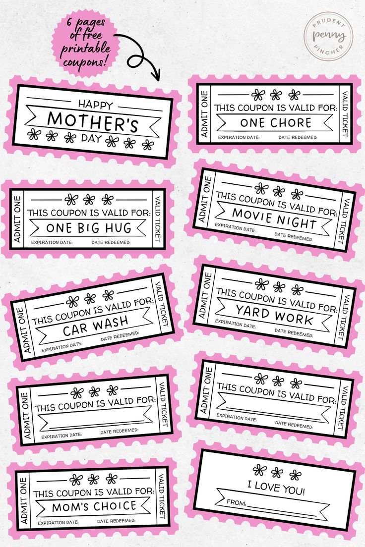 some pink and white tickets with black writing on them, one is for mother's day