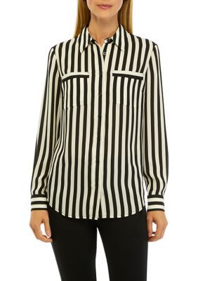 Decked out in stripes, this blouse from THE LIMITED adds classic style to your closet. | THE LIMITED Women's Stripe Long Sleeve Button Front Blouse, White, Small Casual Striped Office Blouse, Casual Striped Blouse For The Office, Classic Button-up Tops With Vertical Stripes, Chic Vertical Stripes Office Shirt, Chic Office Shirt With Vertical Stripes, White Horizontal Stripe Top For Work, Long Sleeve Horizontal Stripe Workwear Top, Long Sleeve Horizontal Stripe Work Top, Horizontal Stripe Long Sleeve Top For Work