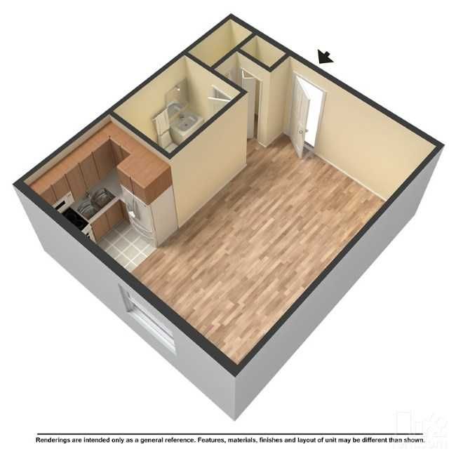 an overhead view of a two bedroom, one bath apartment with wood flooring and cabinets