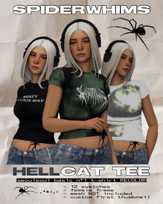 three girls wearing headphones and t - shirts with the words hell cat tee on them