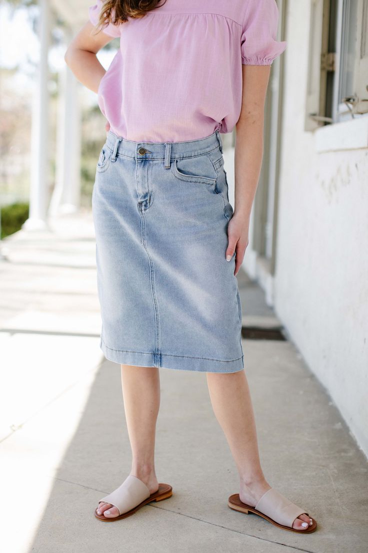 A classic skirt you can reach for season after season, the exclusive 'Leah' Denim Skirt in Light Blue will become an instant favorite in your closet! This stretch denim skirt with minimal distressing and no slits is the perfect blend of modesty, comfort, and style. The light wash is perfect for creating a wide range of casual outfits. Designed by us with you in mind, we think you are going to fall in love with this skirt as much as we did! 70% Cotton 28% Rayon 2% Spandex Wash Cold Gentle Cycle H Stretch Denim Skirt, Classic Skirts, Denim Wash, The Light, Stretch Denim, Fall In Love, Denim Skirt, Size 16, Casual Outfits