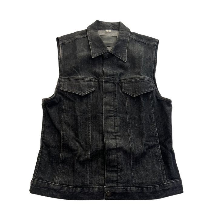 Excellent Preowned Condition C5-0624 Material: Cotton Blend Product Details Sleeveless Collared Neckline Button Closure Chest Pockets Size: M Spring Black Denim Vest, Summer Black Denim Vest For Streetwear, Black Denim Vest With Pockets For Summer, Black Cotton Sleeveless Denim Vest, Black Sleeveless Cotton Denim Vest, Casual Black Sleeveless Denim Vest, Black Sleeveless Denim Vest, Sleeveless Black Denim Top, Black Sleeveless Denim Vest For Spring