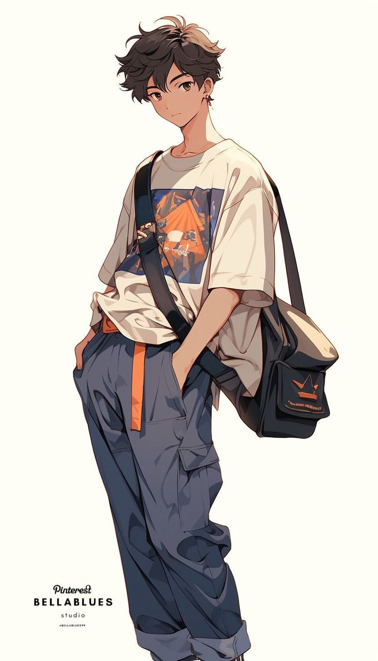 an anime character is standing with his back to the camera and holding a handbag