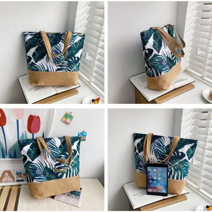 four pictures of the same handbag on display