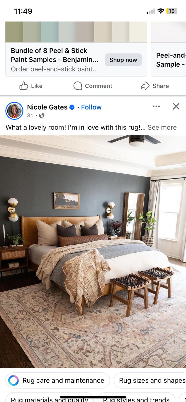 a bed room with a neatly made bed on top of a rug