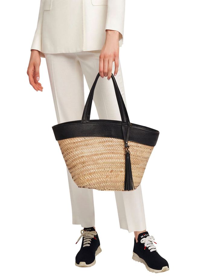 Kiton Ara Straw Bag in Black Magnetic strap closure Dual top handles Interior zip pocket Tassel with gold-tone monogram Straw outer Leather trim Cotton lining Made in Italy Leather Trim, Leather Trims, Straw Bag, Zip Pockets, Straw, Handles, In Italy, Monogram, Trim