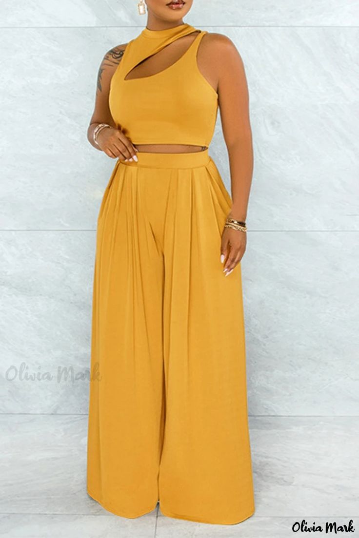 Olivia Mark - Ginger Casual Solid Sleeveless Two-Piece Set with Hollowed Out O-Neck Design Sleeveless Solid Jumpsuit, Casual Sleeveless Two-piece Jumpsuit, Yellow Sleeveless Beach Sets, Yellow V-neck Summer Set, Yellow Sleeveless Sets For Summer, Yellow Sleeveless Summer Set, Sleeveless Yellow Summer Set, Spring Two-piece Sleeveless Jumpsuit, Spring Sleeveless Two-piece Jumpsuit