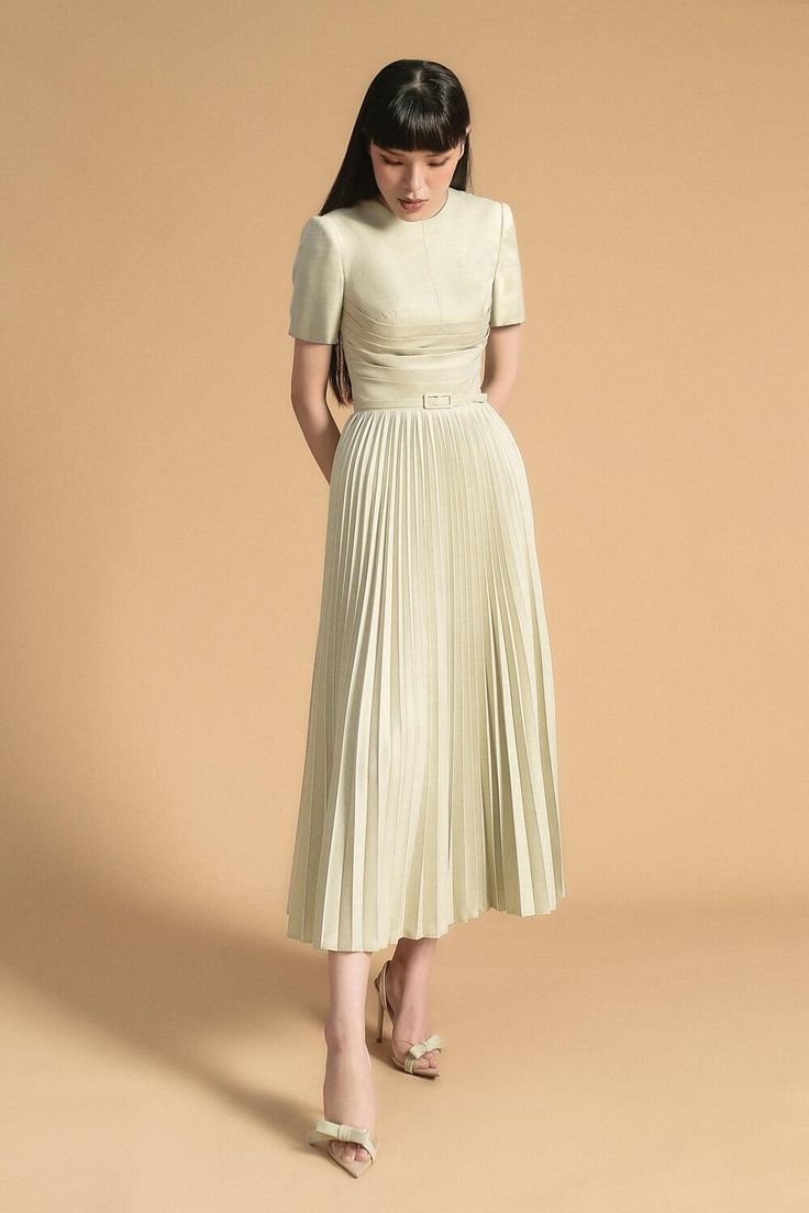 Linnea Short Sleeves Dress MEAN BLVD Trashion Ideas, Pleated Skirt Design, Pleated Fashion, Short Sleeves Dress, Mean Blvd, Taffeta Dress, Sleeves Dress, Round Neck Dresses, Pleated Fabric