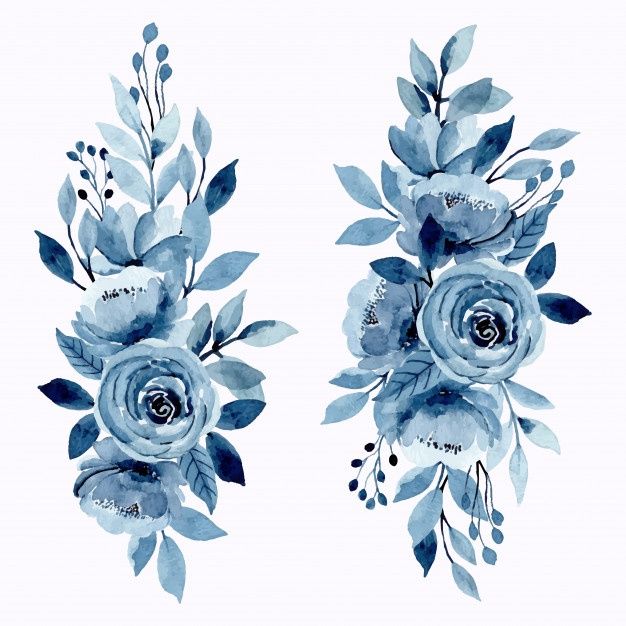 two blue flowers with green leaves on the side and one is painted in watercolor