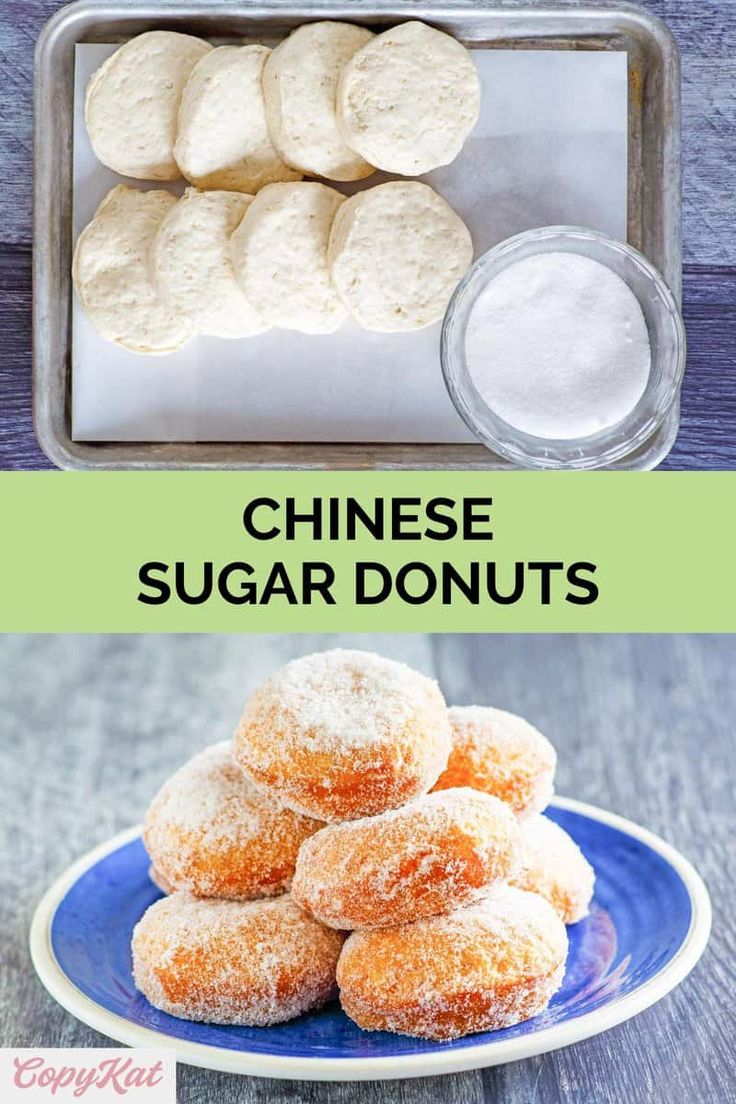 chinese sugar donuts on a blue plate with powdered sugar in the background and below