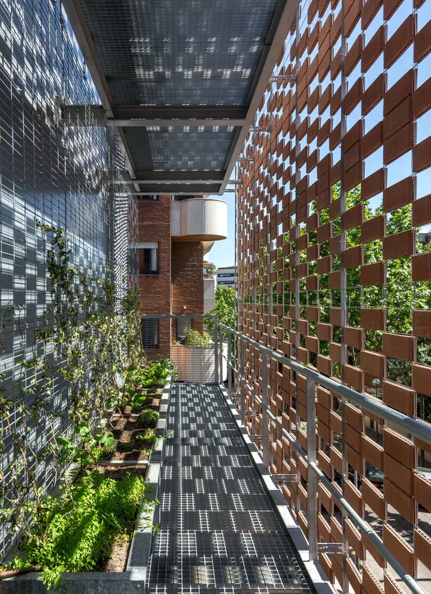 the walkway is lined with plants and wooden slats