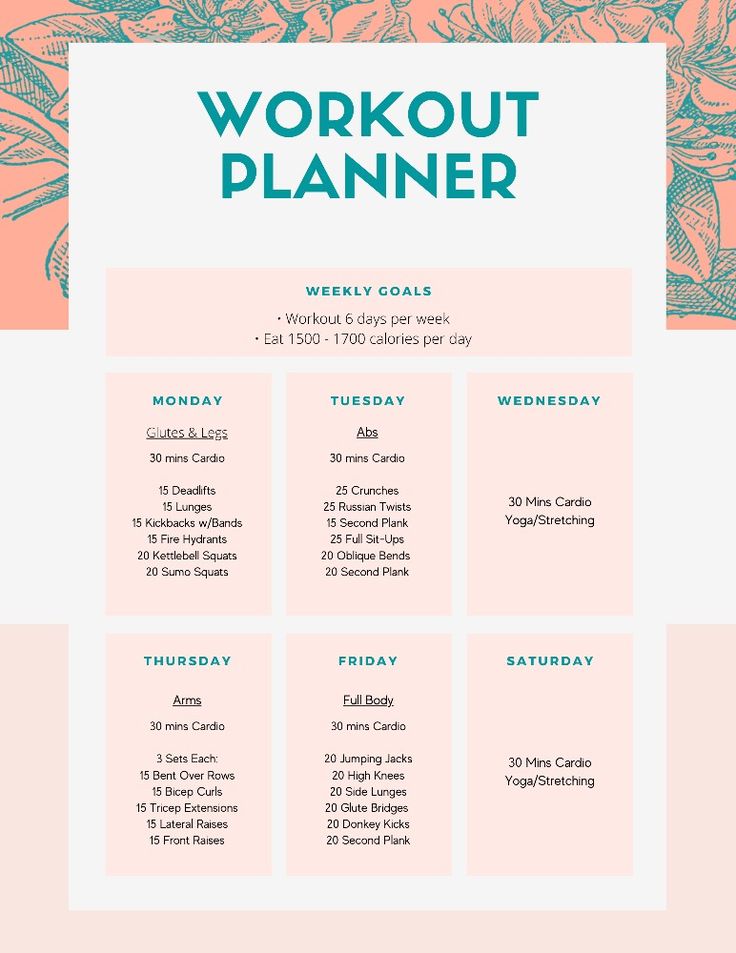 the workout planner is displayed on a pink background with blue and green flowers in it